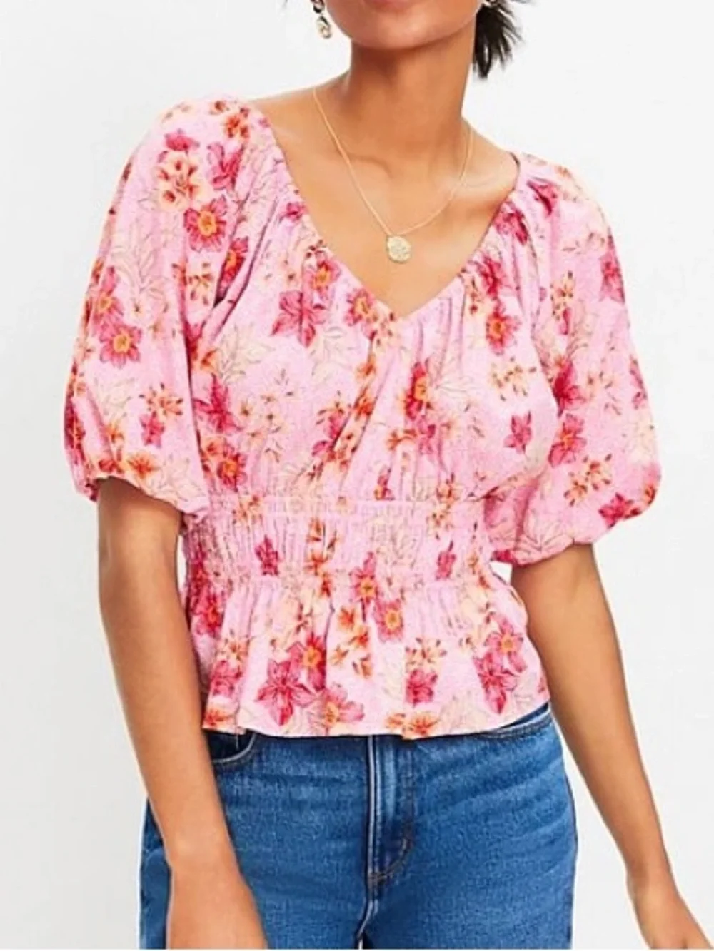 LOFT Pink Floral Puff Sleeve Blouse Smocked Waist Size Large Feminine